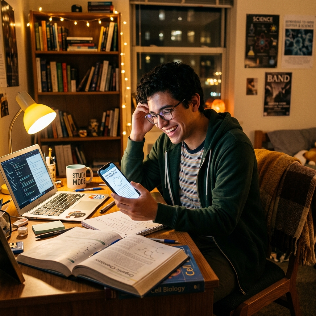 Student studying happily